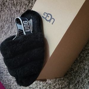 Black UGG furry slides
